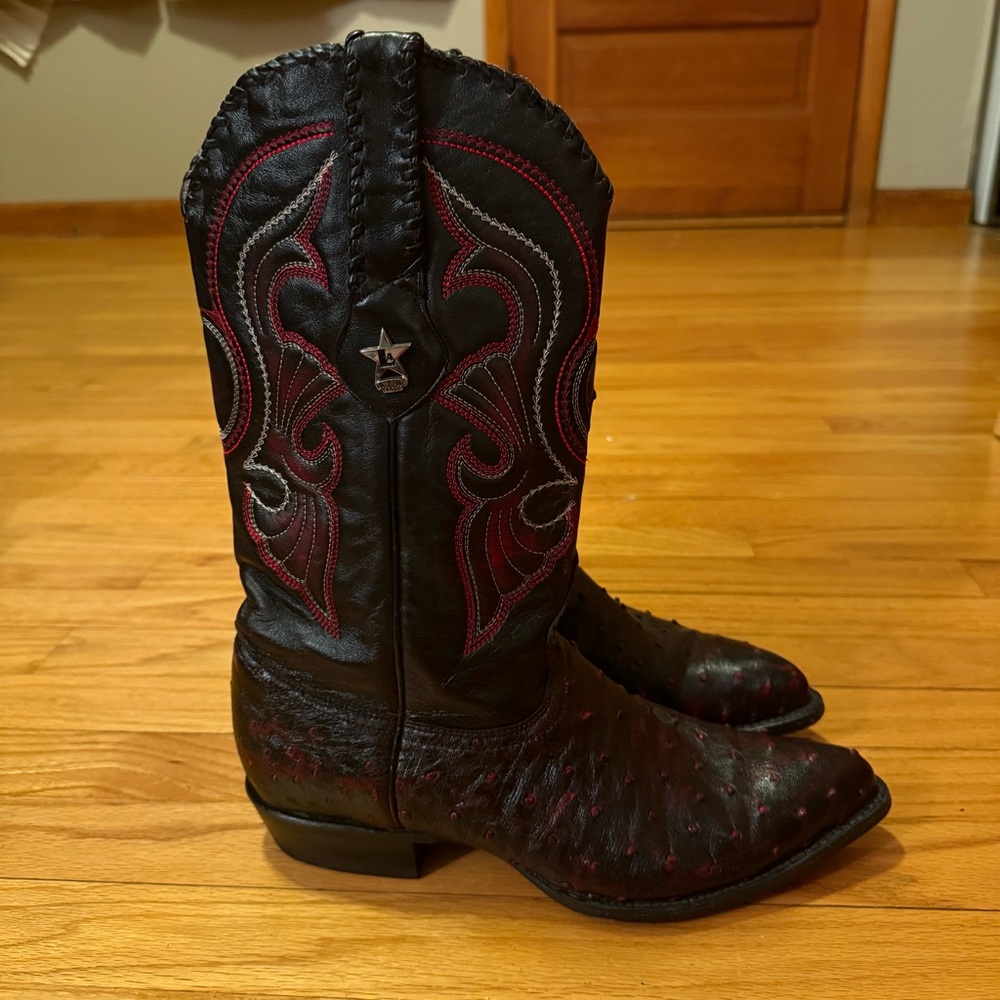 Men's Black Genuine Ostrich Cowboy Boots with Red Embroidered Accents